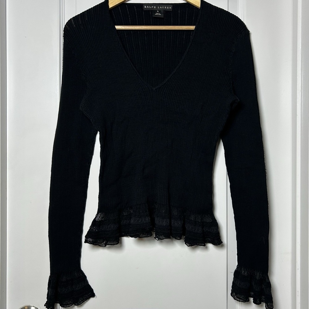 Ralph Lauren Black Label Vintage Black Ribbed Knit Lace Ruffle Hem Bell Cuff Top